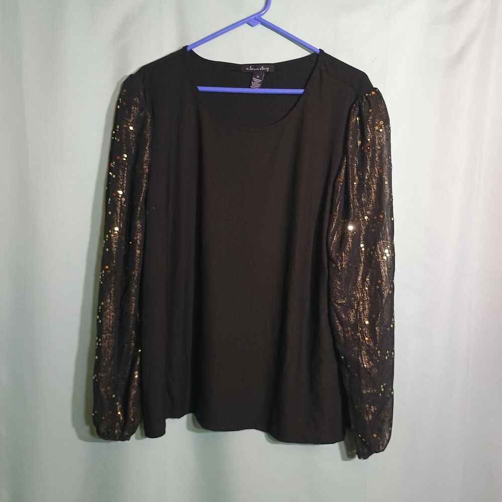 Women’s Black Sequin Sleeve Blouse – Sheer Sparkle Long Sleeve Party Top